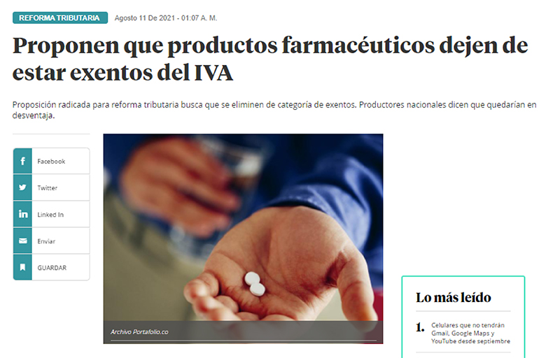 Proponen que productos farmacéuticos dejen de estar exentos del IVA